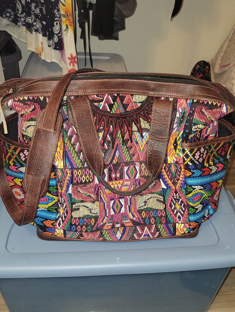 LulaRoe Genuine Leather Multicolor Woven Tapestry Tote Bag